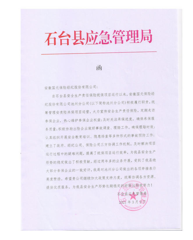 石臺縣應急局對我司的表彰函